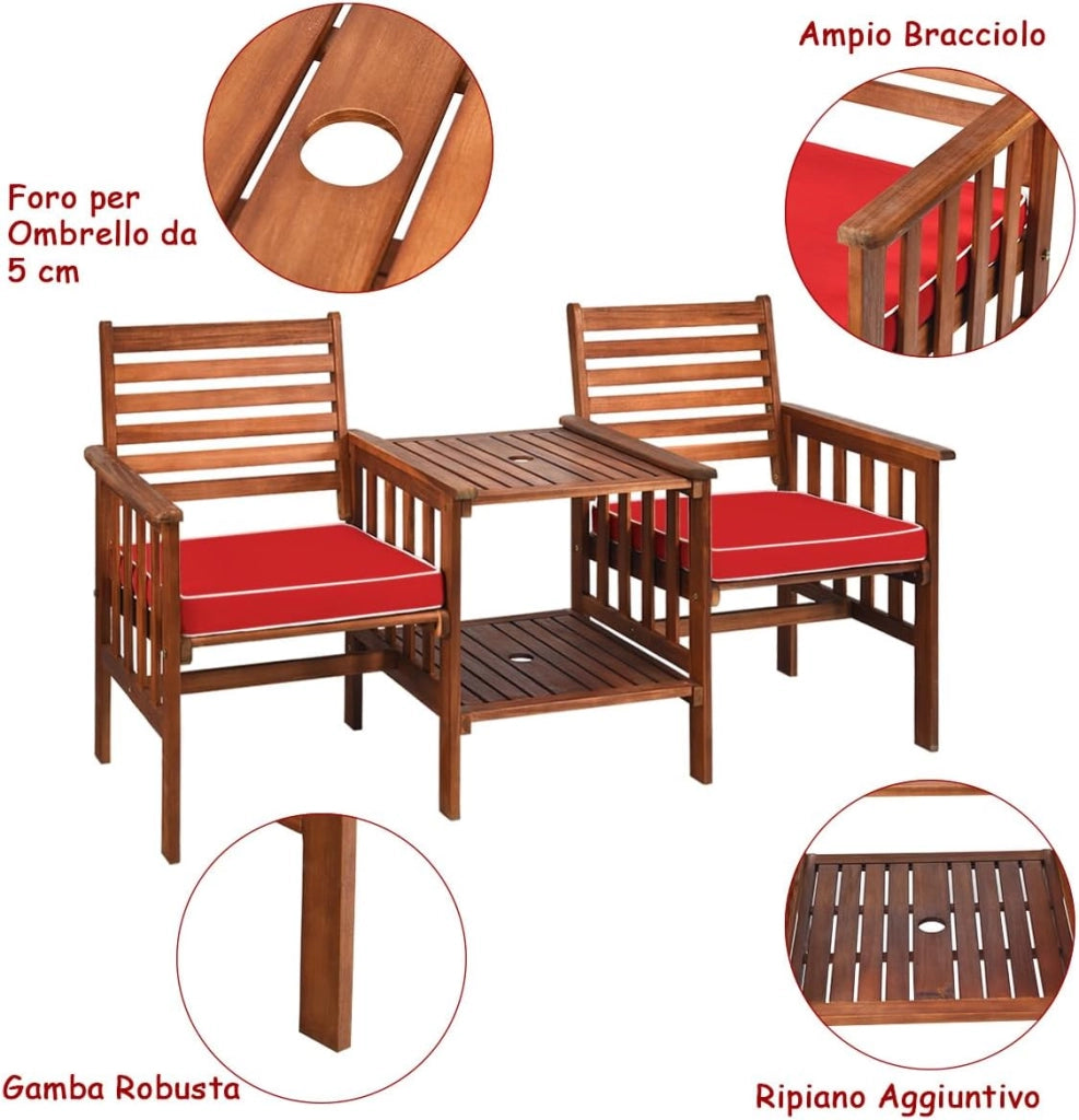 Set Tavolo e Sedia da Giardino con Foro per Ombrello, Set di Mobili a 2 Posti da Esterno in Legno di Acacia con Cuscini, per Giardino, Cortile e Bordo della Piscina (Rosso)