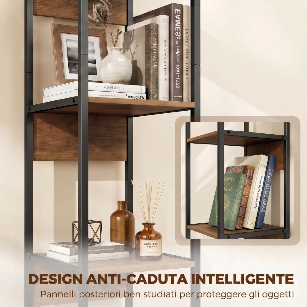Libreria Verticale Salvaspazio 6 Ripiani 29,5x30x185 cm Marrone e Acciaio Nero