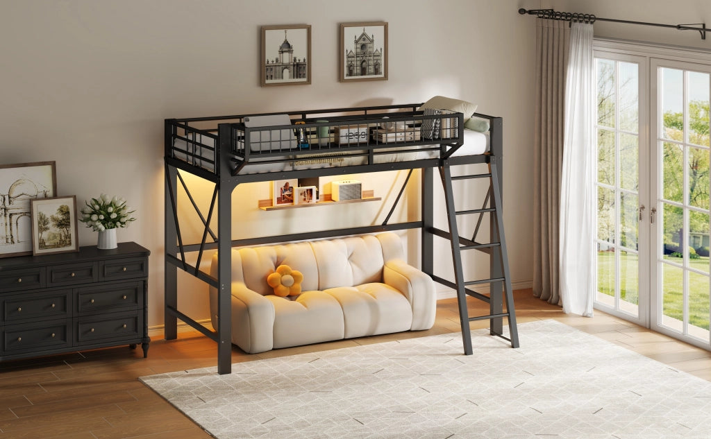 DESMIU Letto a soppalco 90 × 200 cm con cestino, luce LED e scala, senza materasso, in metallo, nero