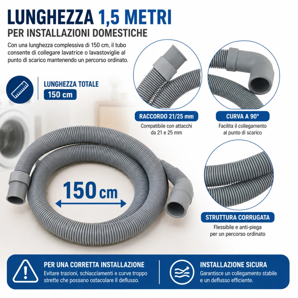 Tubo Scarico Lavatrice 1,5 m 21/25 mm con Staffa a U 59053