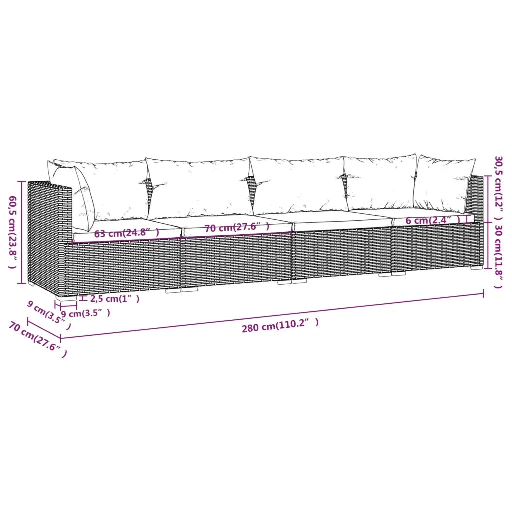 Set Divani da Giardino 4 pz con Cuscini in Polyrattan Marrone cod mxl 42211