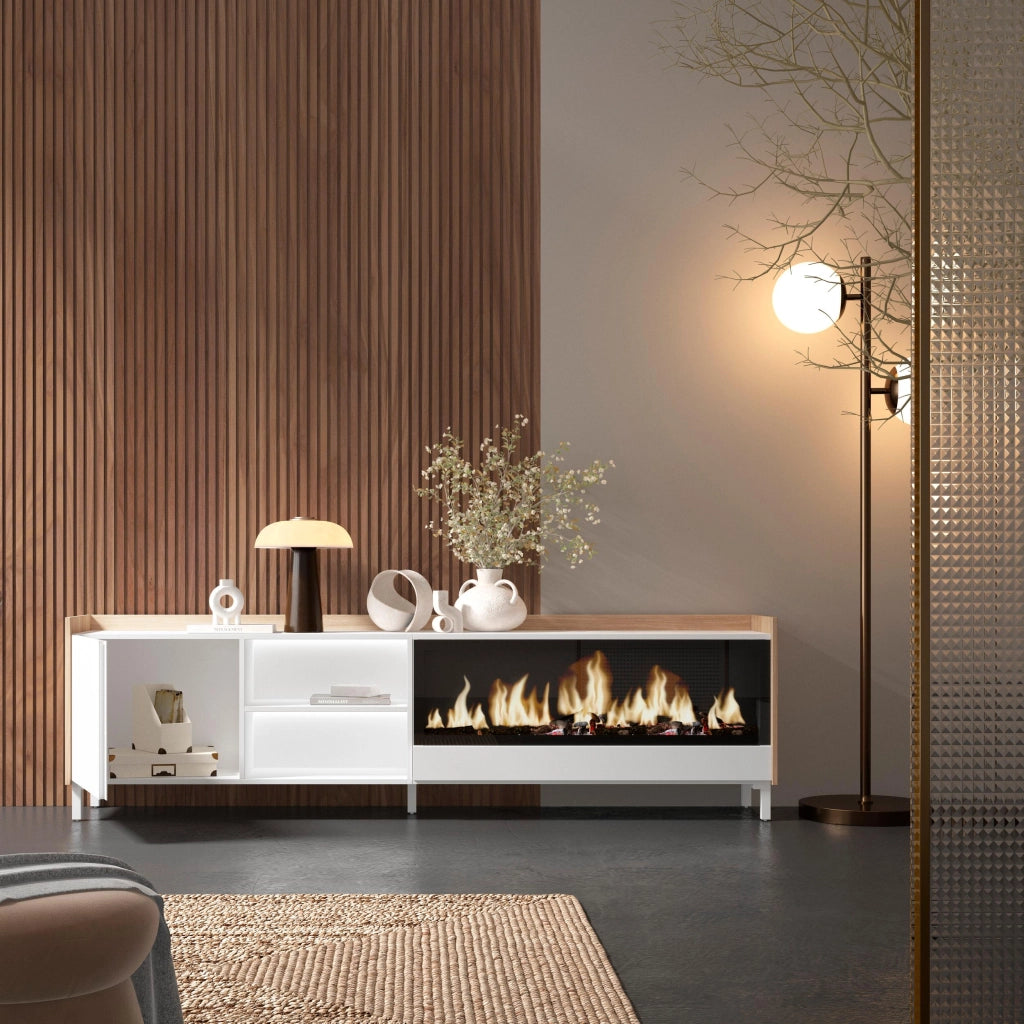 Mobile TV Soggiorno, 212x61x35 cm, Per TV fino a 80", Camino elettrico XXL, Design industriale, LED, Bianco e Rovere soft