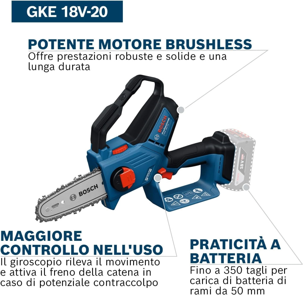 Bosch Professional 18V System Potatore GKE 18V-20 (fino a 350 tagli per carica della batteria, tagli fino a 18 cm, motore brushless, incl. guaina protettiva da 20 cm, senza batteria)