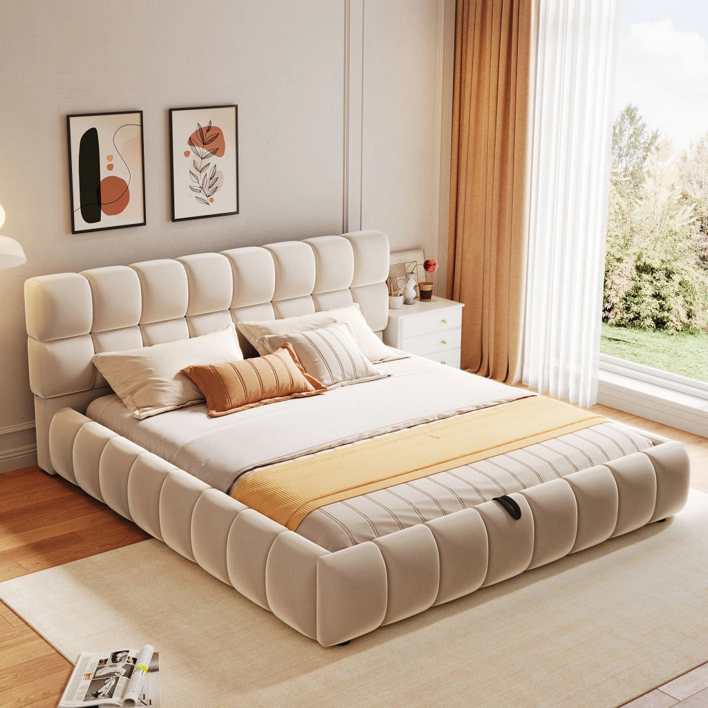 Letto Contenitore 140 x 200 cm; testiera imbottita; contenitore idraulico in Velluto Beige