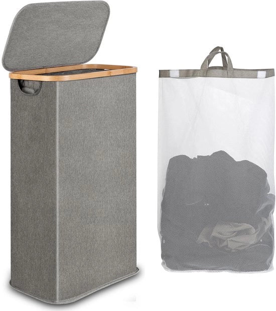 Wascioletta in bambù 60L, con coperchio, con tasca interna rimovibile e lavabile, wascintie per soggiorno, camera da letto e bagno, pieghevole (grigio)