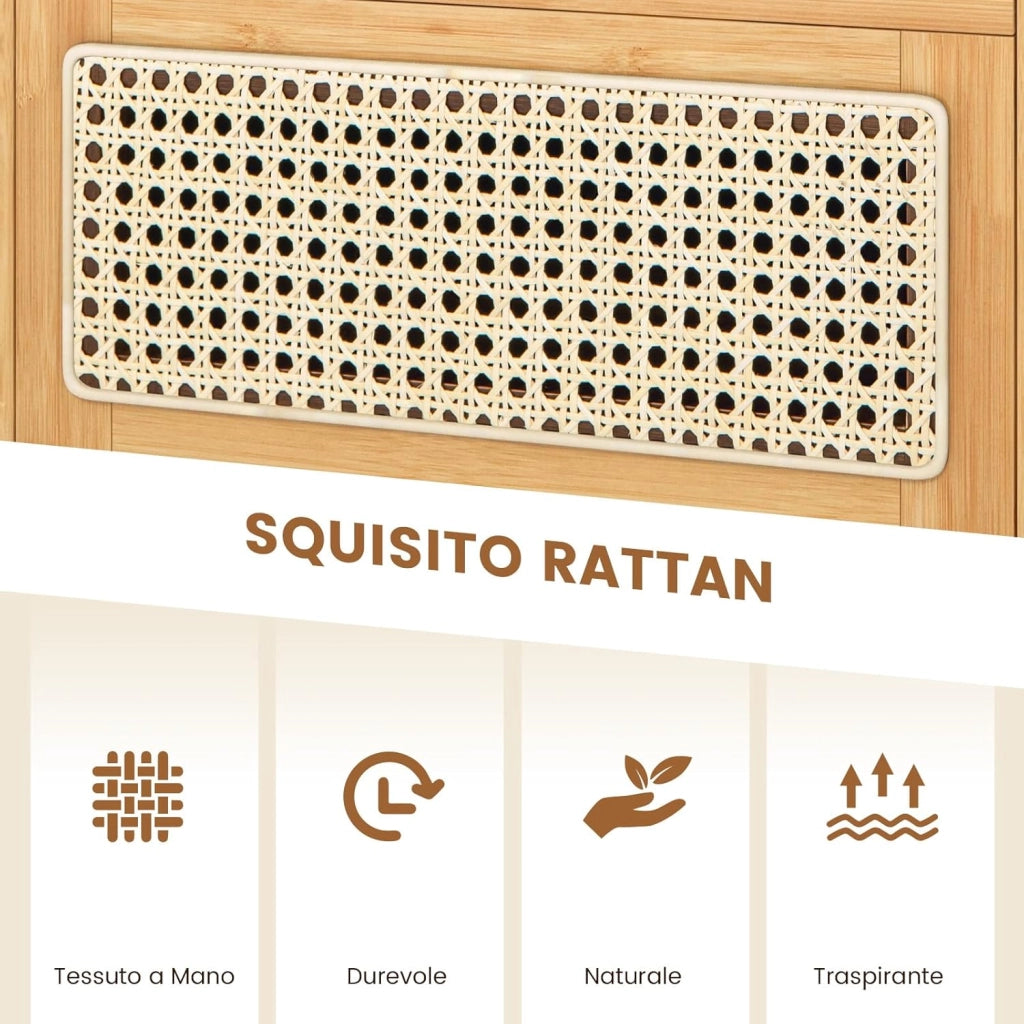 Comodino in Bambù e Rattan 43 x 35 x 50 cm, Tavolino Moderno con Piano in Vetro, Cassetto, Mobile Salvaspazio per Ufficio e Soggiorno (1, Naturale)