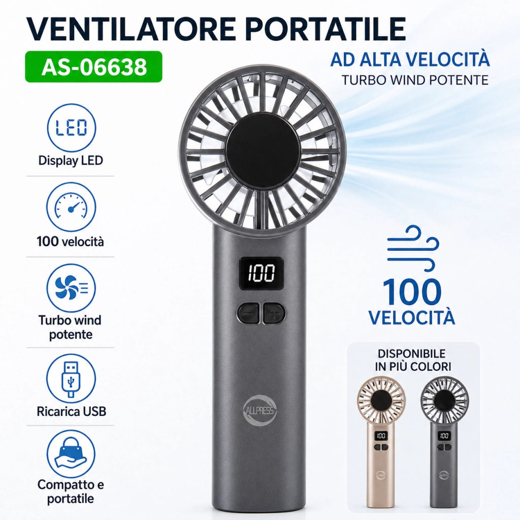 VENTILATORE PORTATILE RICARICABILE USB DISPLAY LED MINI POTENTE COMPACT AS-06638