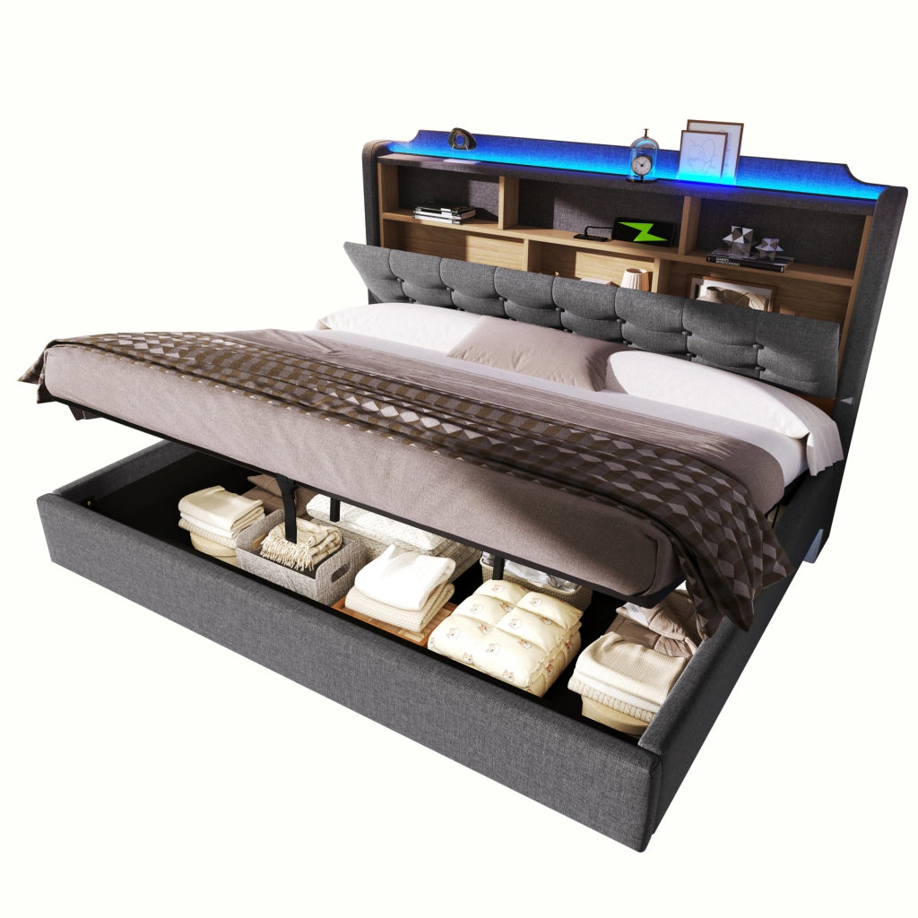 Letto matrimoniale imbottito 180x200 cm in lino grigio con LED; contenitore idraulico e USB
