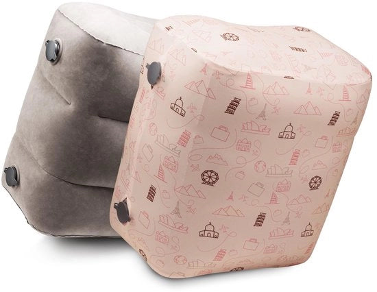 Supporto per piedi per bambini – Inflabili supporti per piedi + Sacchetto Dino Blossom | Per viaggi aerei, auto e treno | Molto morbido, lavabile e compatto (Supporti per piedi + Set di viaggio, standard)