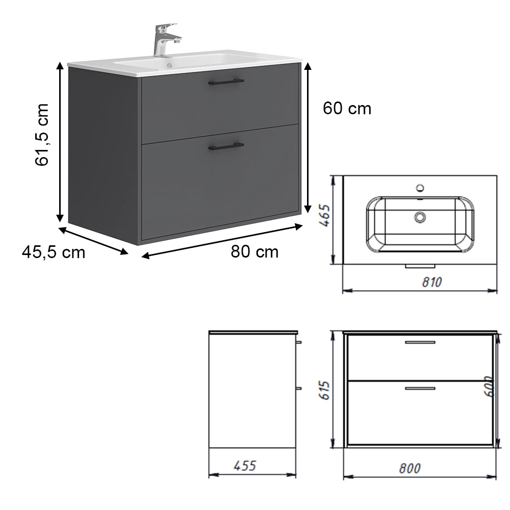 Vicco Set di mobili da bagno Antracite 80 x 61.5 cm con lavabo