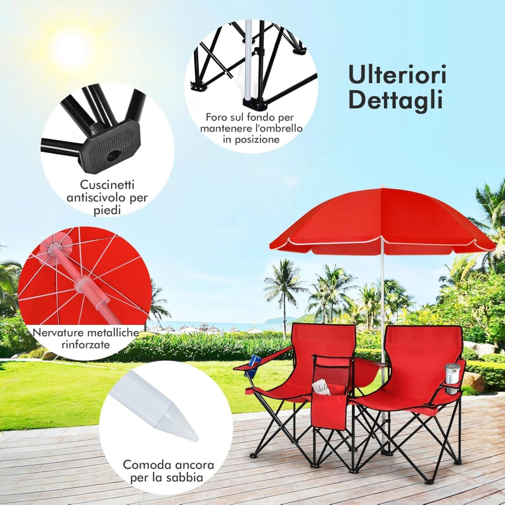 Set di 2 Sedie da Campeggio Pieghevoli, con Ombrellone e Tavolino Contenitore, Resistente e Leggero, Capacità 113 kg (Rosso)