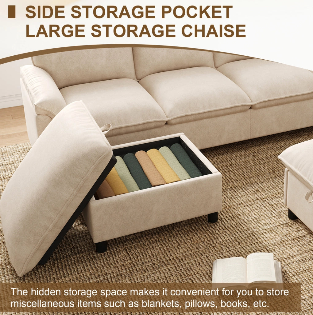 Divano con 2 pouf contenitore in chenille beige 264;5x142;5x84 cm