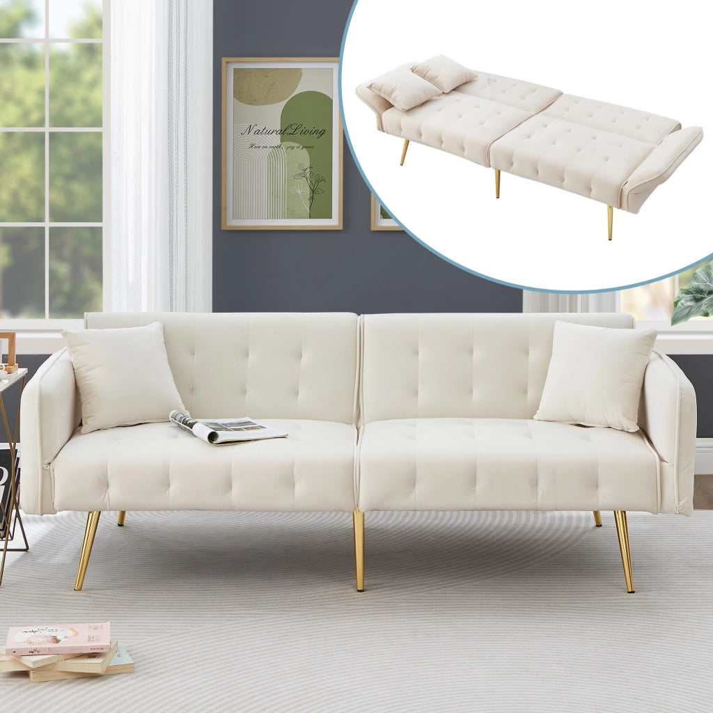 OKWISH Divano Letto 2 Posti, Schienale Regolabile e Braccioli Multi Posizione, con Cuscini, Velluto, Bianco Antico