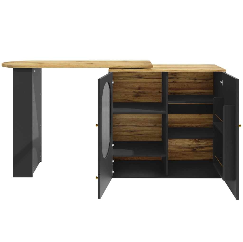 Mobile bar 138x39x105 cm girevole 360° con ampio spazio di contenimento in MDF e metallo nero
