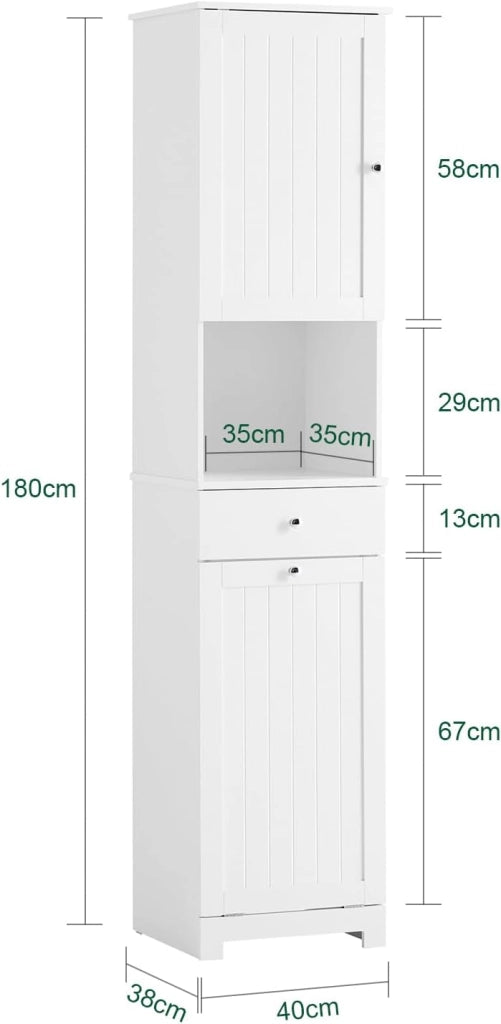 Mobile Bagno Salvaspazio Alto con Cesto Portabiancheria 45L – Colonna Bagno Stretto 40x38x180cm con Cassetto in MDF, Ripiano Aperto e Anta Mobiletto per Lavanderia o WC BZR216-W