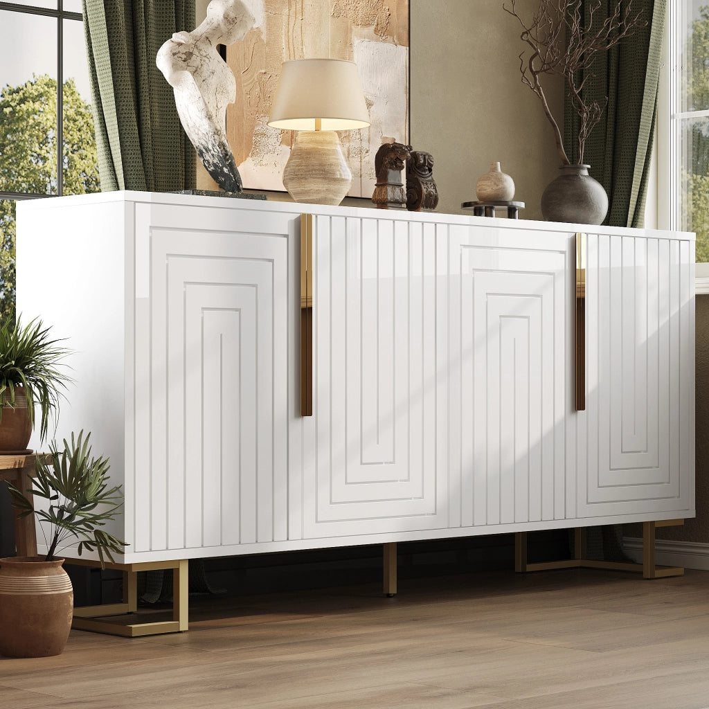 Credenza con 2 Ante e 4 Vani; Piedi in Metallo; Stile Moderno; in MDF; 152??40??75 cm; Bianco