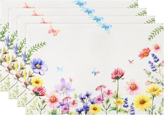 Set di tovaglie per tavola da 4 tovaglie fiori foglie farfalla acquarello lavabile tovaglie per tavola resistenti al calore per decorazione di tavola, feste per mangiare, buffet (33 x 48 cm)