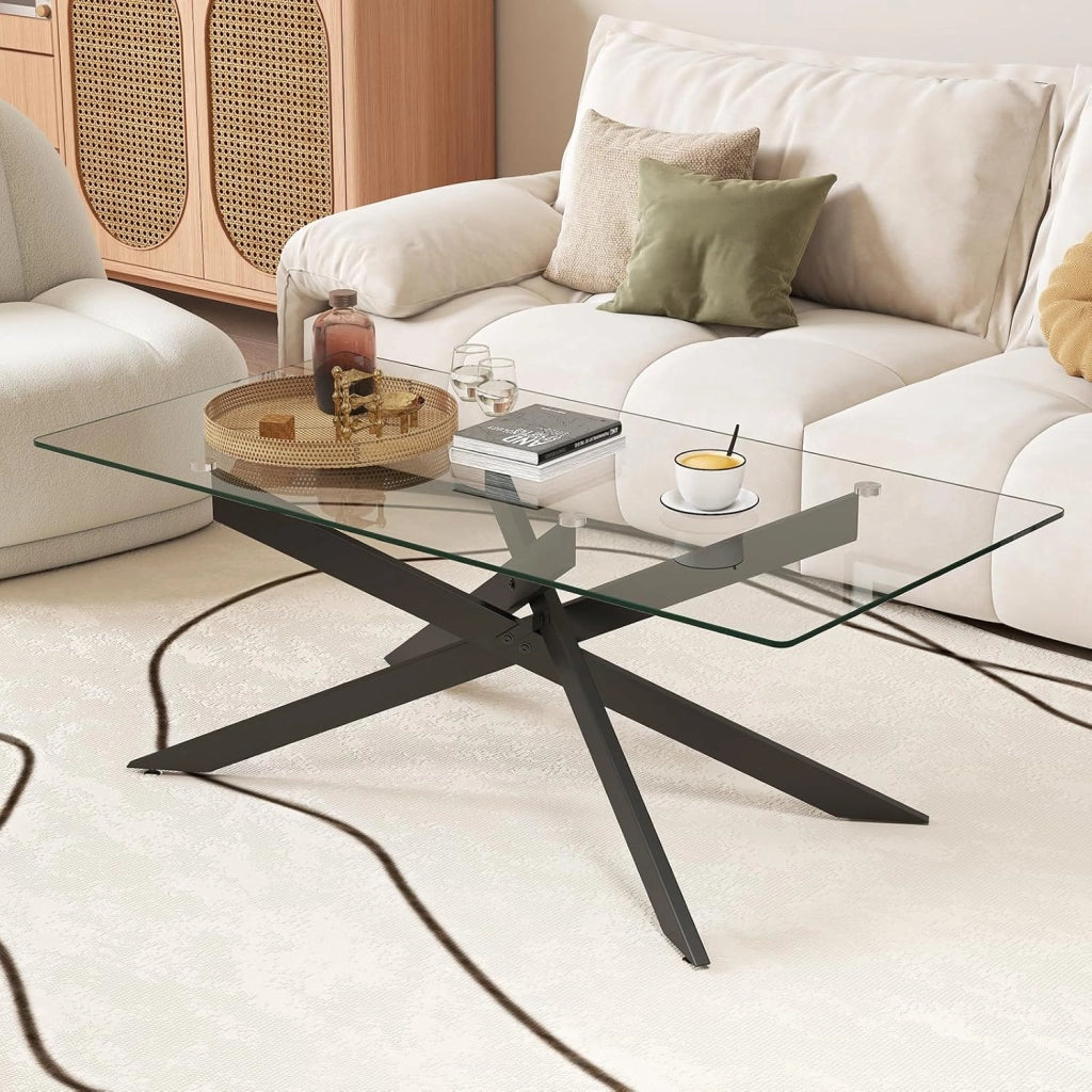 Tavolo da Caffè, Tavolino Salotto in Vetro Temperato con Gambe Incrociate in Metallo Placcato e Piedini Regolabili Antiscivolo, per Soggiorno e Ingresso, 120 x 60 x 45,5 cm (Nero)