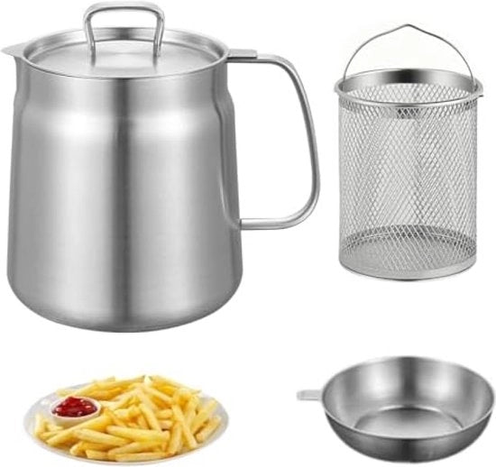 Pentola per frittura, mini-frittiera, pentola con griglia, acciaio inossidabile 304, pentola multifunzionale con filtro, 1,5 l serbatoio di grasso, acciaio inossidabile, speck, grasso conservatore, serbatoio di olio con griglia per la cucina