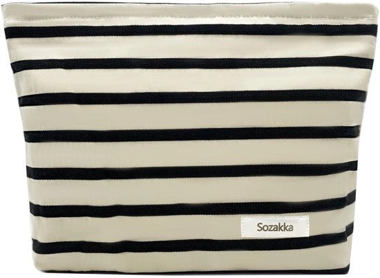 Tas cosmetica portatile, contenitore toilete, etui in tela, borsa per trucco, contenitore toilete a strisce, organizzatore di viaggio per cosmetici, borsa toilete portatile, valigetta per cosmetici per donne, nera a strisce