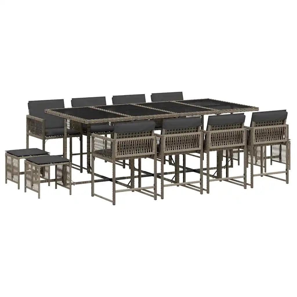 Set da Pranzo da Giardino 13pz con Cuscini Grigio in Polyrattan