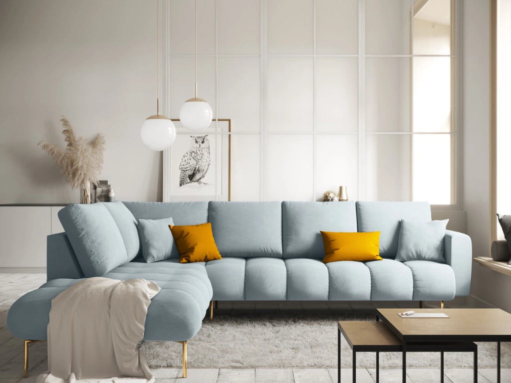 Cosmopolitan Design - Divano angolare sinistro "Hastings" 5 posti in velluto azzurro 
