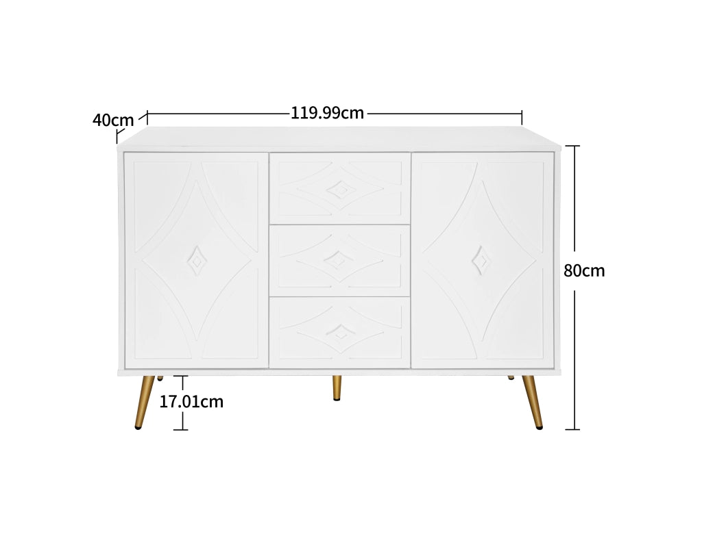 Elegante com¨° con motivo a rombi - Zephmum- 120¡Á40¡Á80 cm- Bianco- 3 cassetti e 2 ante, piedini dorati