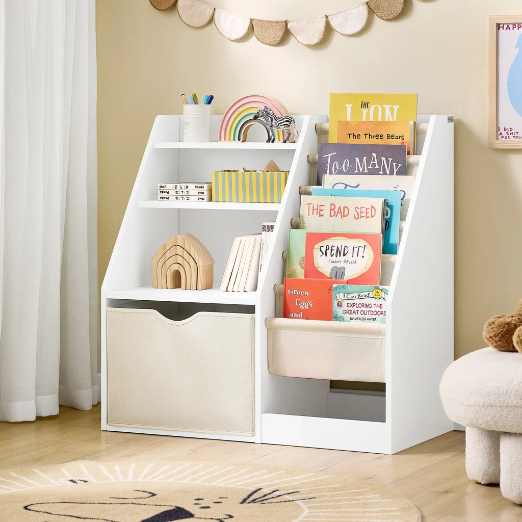 SoBuy KMB119-W Libreria Montessori per Bambini con 3 Ripiani e 1 Cesta Scaffale Portagiochi Bambini Libreria da Terra Salvaspazio e Multifunzione Bianco 80x40x80cm
