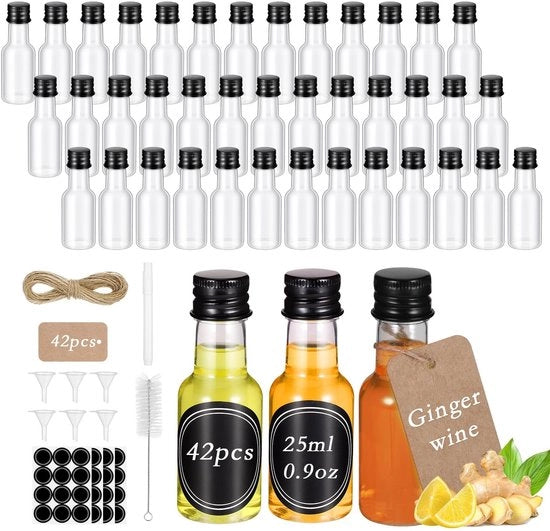 Mini Flessine da Bevande 42 Stuks - Flessine Plastic Inerti - Flessine Reutilizzabili - Per Succo/Latte/Olio - Formatore di Viaggio - 25 ml Capacità - Flessine da Shot