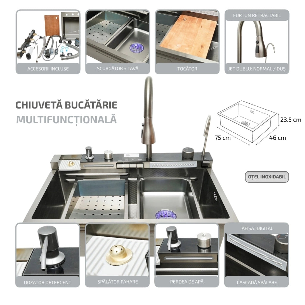 Lavello da cucina multifunzionale in acciaio inox con 2 rubinetti, display digitale della temperatura, funzione cascata, dispenser di sapone, lavapentole, scolapiatti, vassoio, tagliere e accessori di scarico inclusi, dimensioni 75×46×23,5 cm.