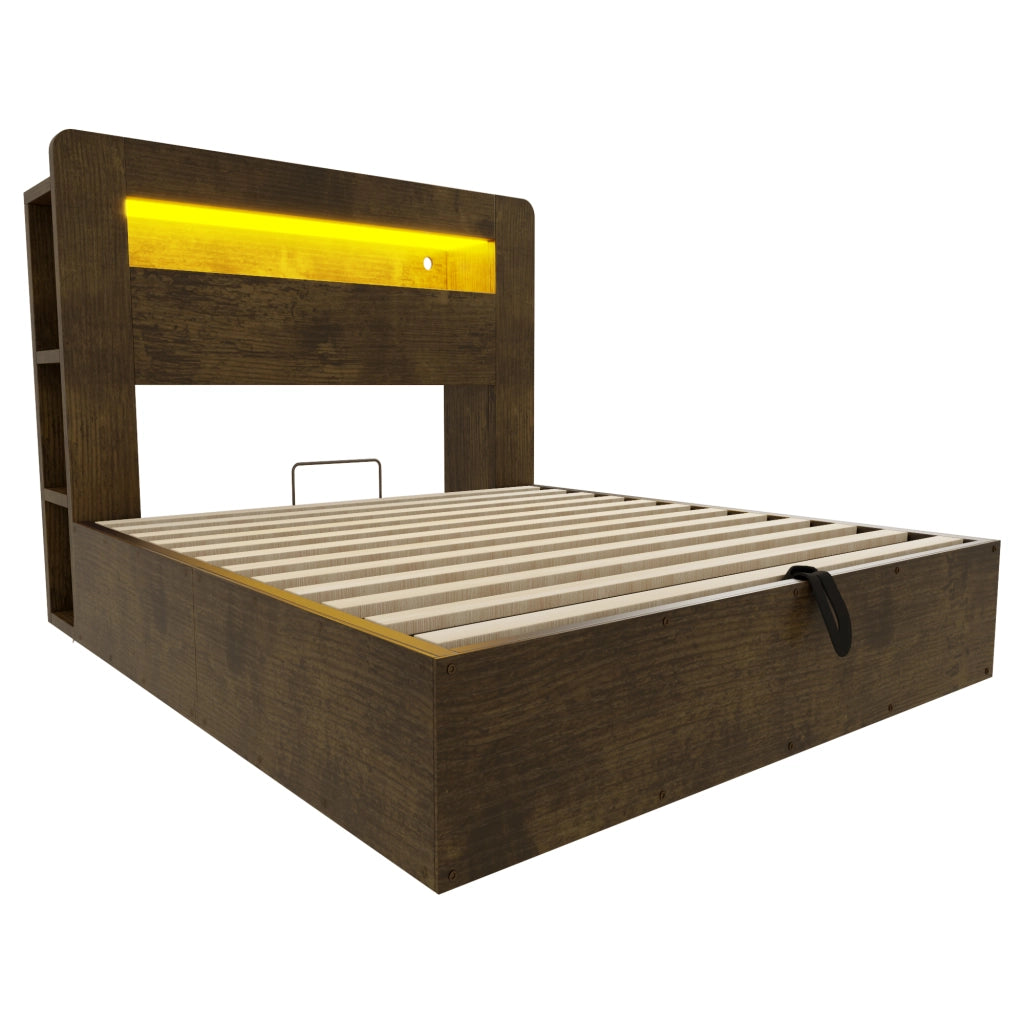 Letto Contenitore 140x200 cm; Matrimoniale - LED e Prese - in Legno - Vintage