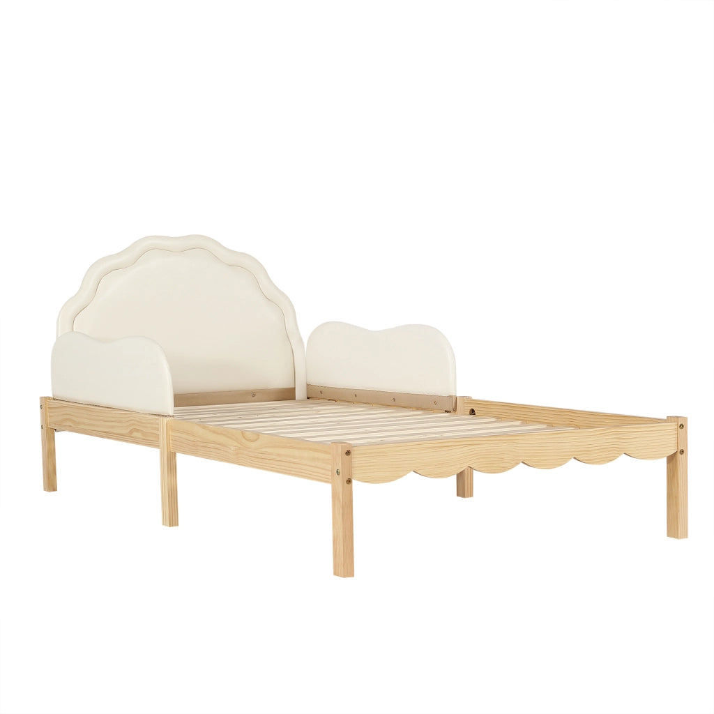 Letto per bambini 90x200 cm, testiera imbottita in PU, sponde laterali, colore legno naturale e beige