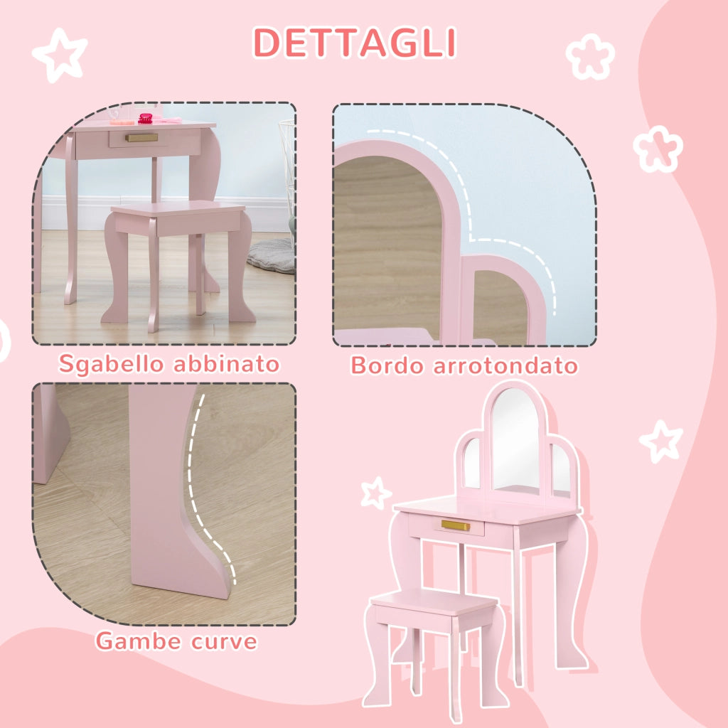 Tavolo trucco per bambini con sgabello e specchio ¨C zephmum ¨C rosa