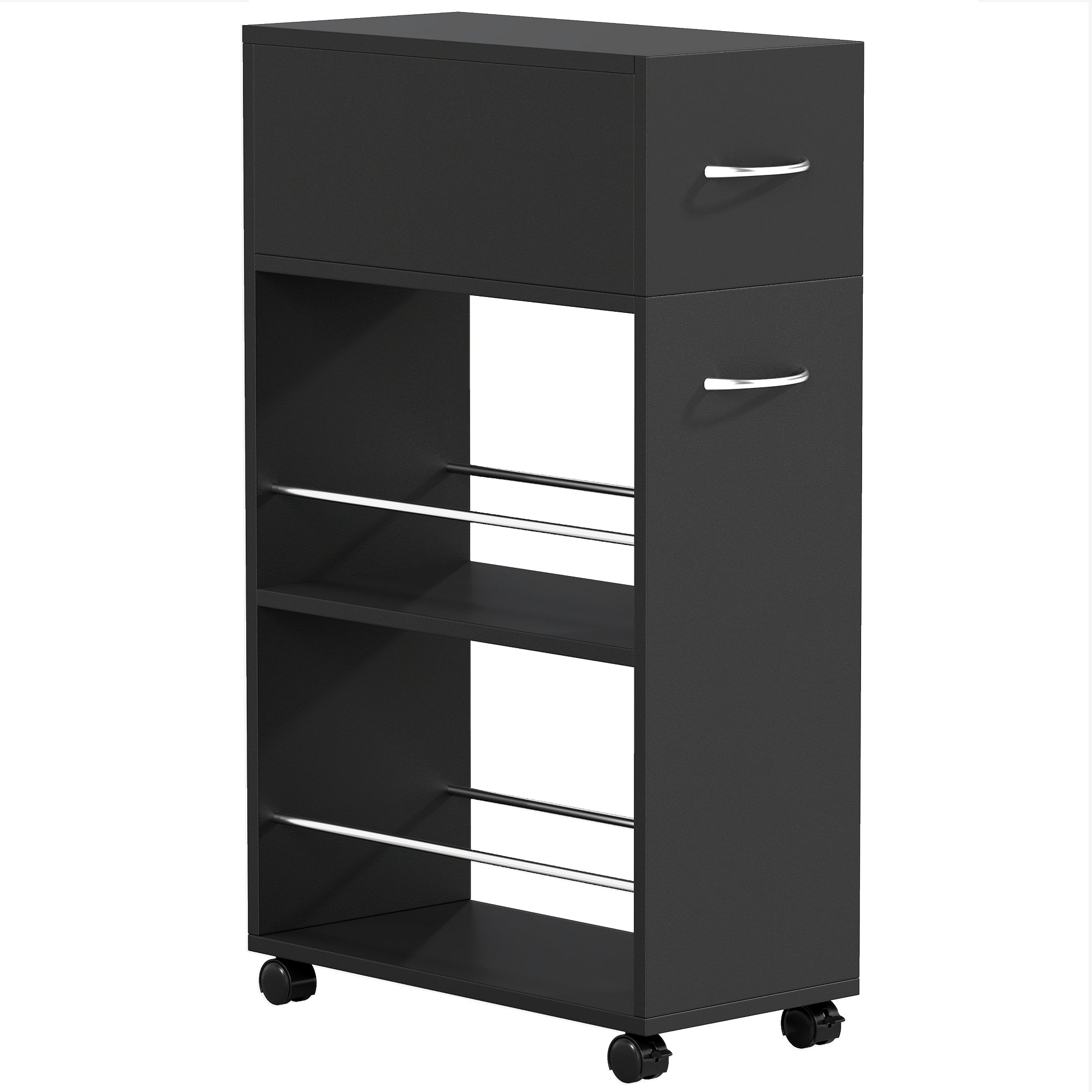 Carrello da Cucina 25x50x85 cm 2 Ripiani Aperti Cassetto e Parapetti in Legno e Acciaio Inox Nero