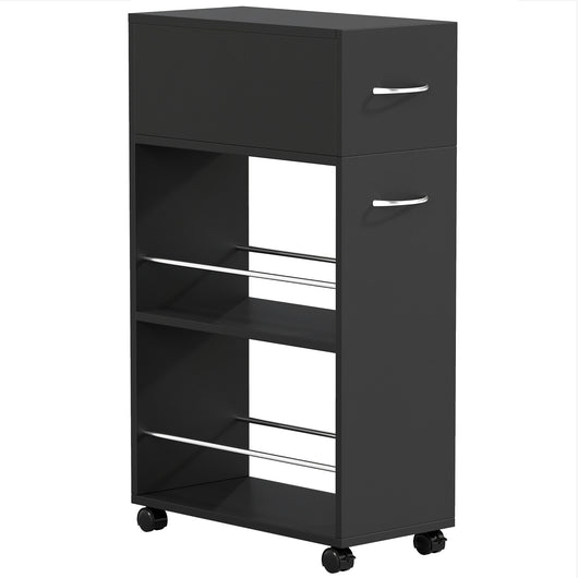 Carrello da Cucina 25x50x85 cm 2 Ripiani Aperti Cassetto e Parapetti in Legno e Acciaio Inox Nero