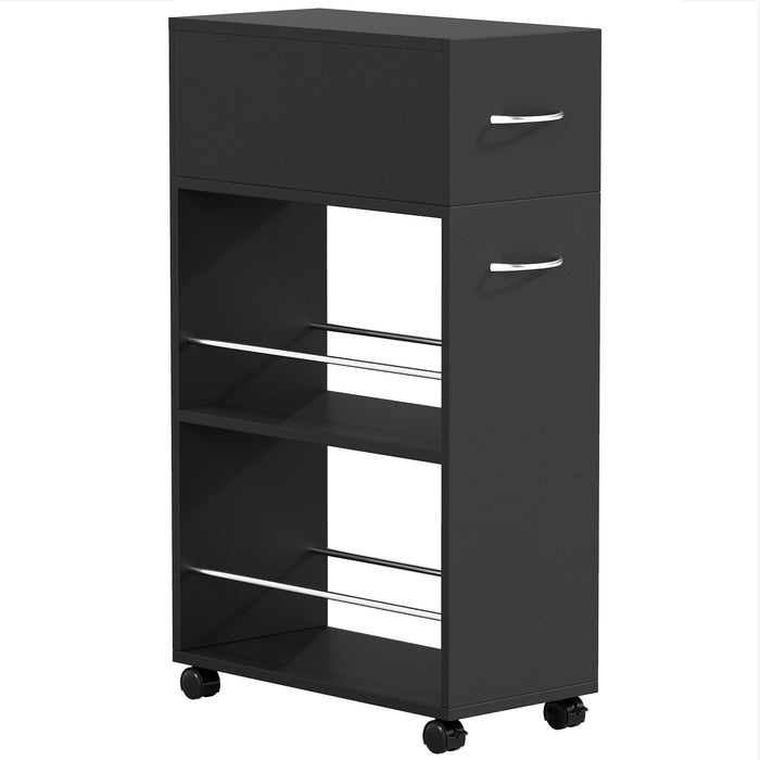 Carrello da Cucina 25x50x85 cm 2 Ripiani Aperti Cassetto e Parapetti in Legno e Acciaio Inox Nero