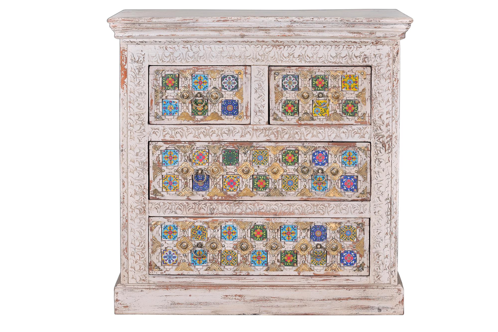 Comodino 4 ante in massello di mango intagliato