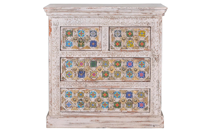 Comodino 4 ante in massello di mango intagliato