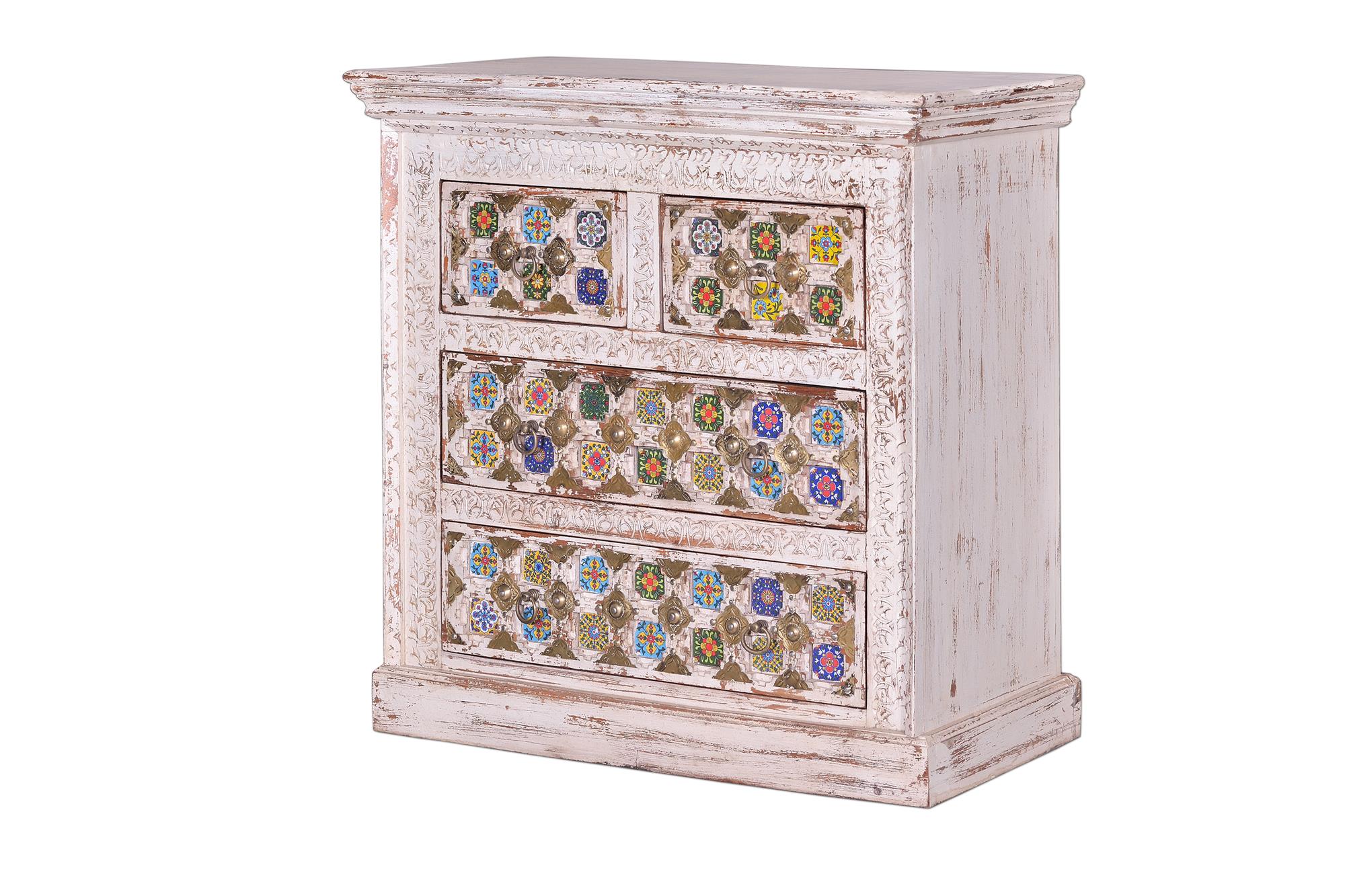 Comodino 4 ante in massello di mango intagliato