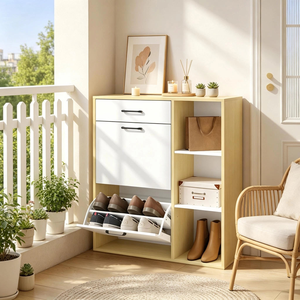Scarpiera slim con cassetto e 2 ante a ribalta, 3 vani aperti, per ingresso e corridoio, bianco, 80 × 90 × 30 cm