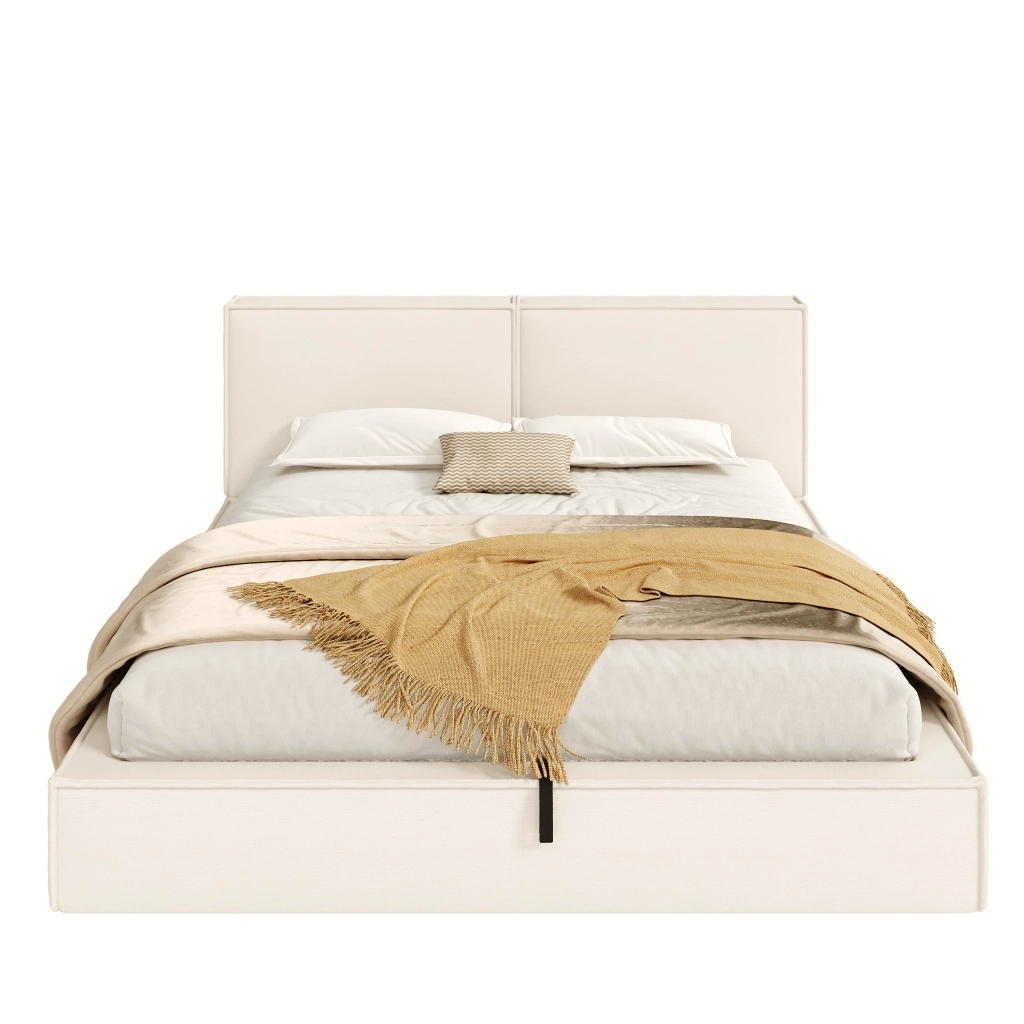 Letto Matrimoniale 180x200 cm con Contenitore idraulico; Testiera imbottita; Beige
