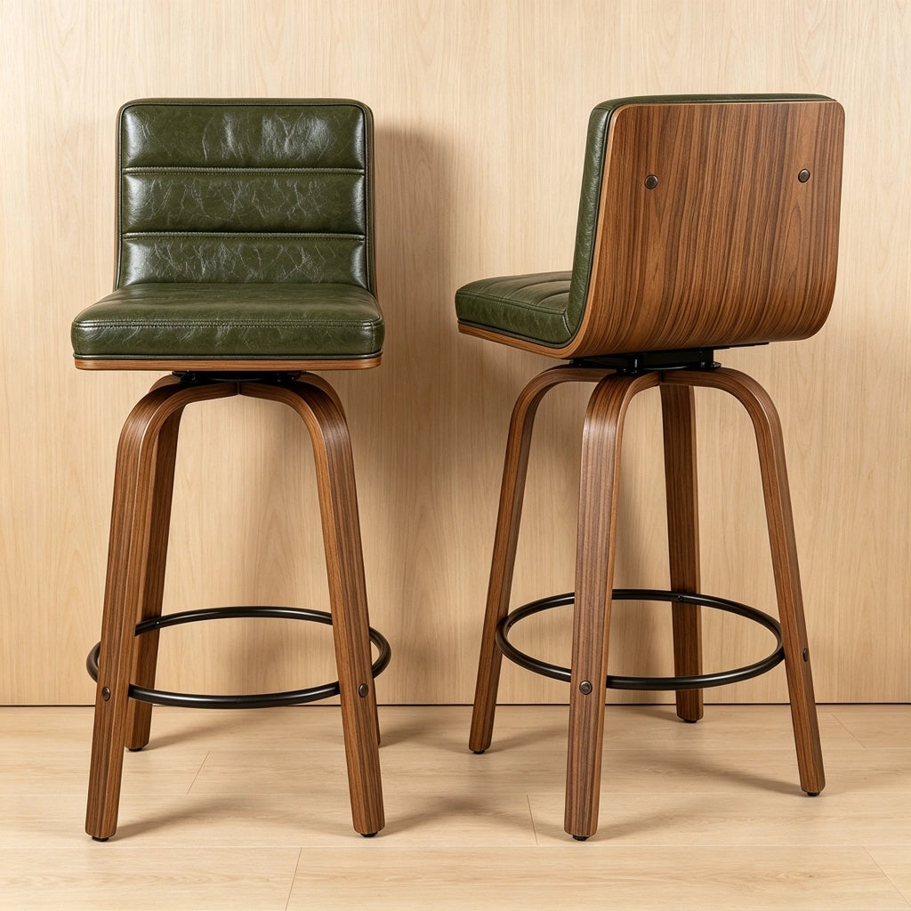 Sgabello da bar in pelle PU con schienale ergonomico e anello poggiapiedi in metallo e legno verde