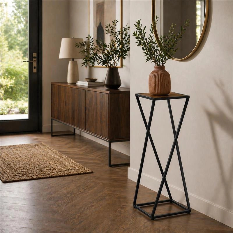 TAVOLINO A COLONNA CON STRUTTURA IN METALLO NERO E TOP IN MDF EFFETTO LEGNO SCURO MISURE: 25X70 CM