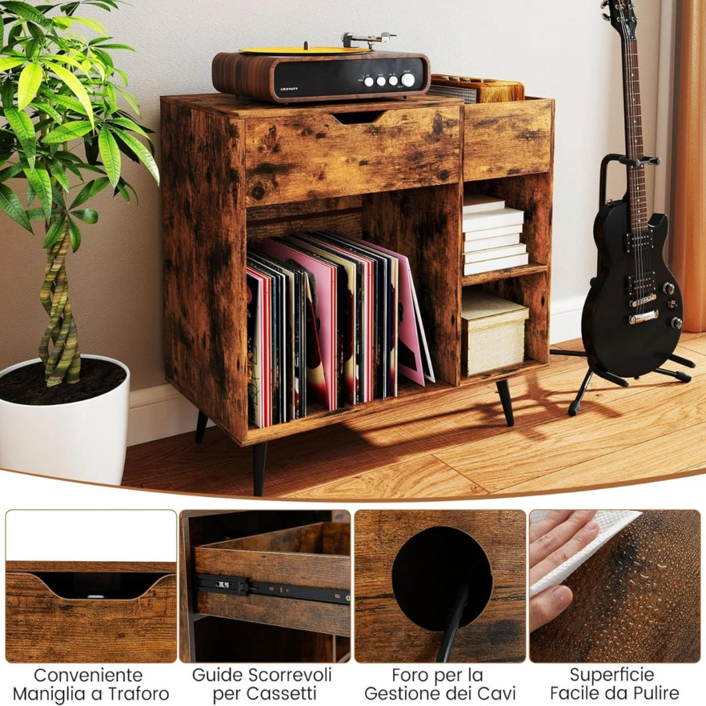 Tavolo record in vinile con cassetto estraibile-Supporto per giradischi per soggiorno e camera da letto Marrone Rustico