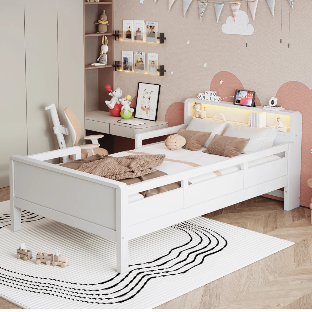 OKWISH Letto Bambino 90×200 cm, Letto Singolo con USB, Tipo C e Luce LED, Testiera con Mensola, senza Materasso, Bianco