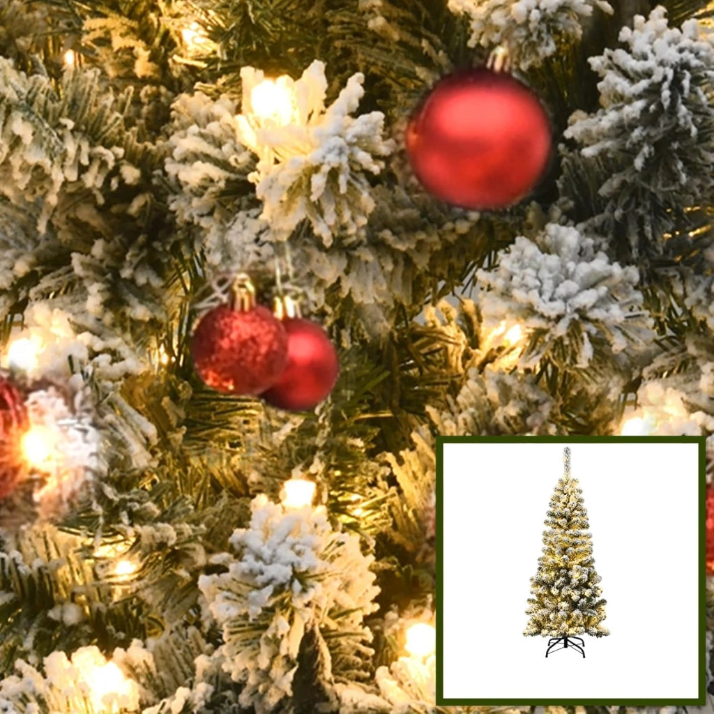 Albero di Natale Stretto e Alto Slim 140/180/225 cm, con 150/250/350 Luci Incorporate, Albero Innevato Romantico, Supporto in Ferro, Rami Spessi, Effetto Realistico