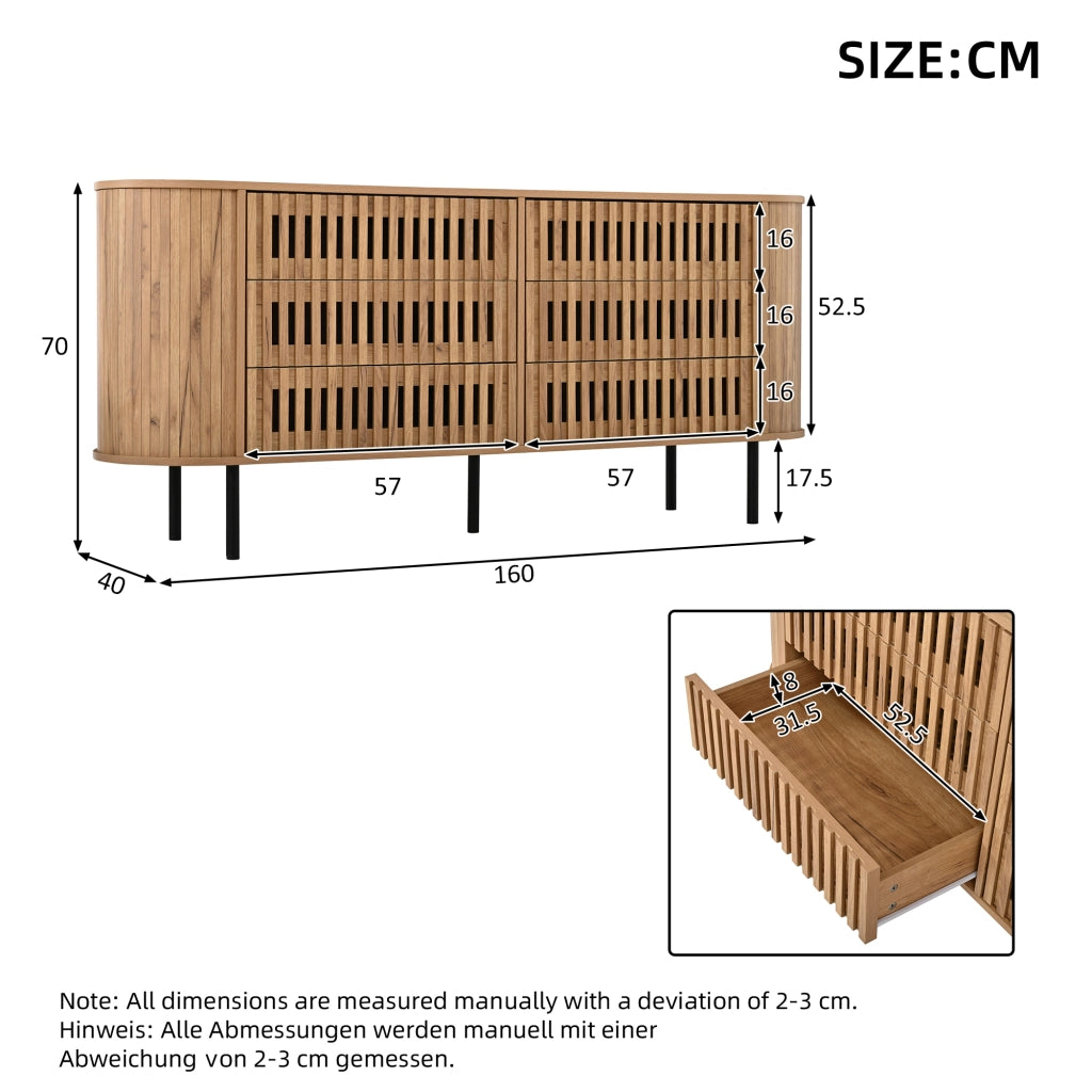 Credenza con 6 cassetti; per soggiorno e ingresso; in MDF; 160x40x70 cm; naturale