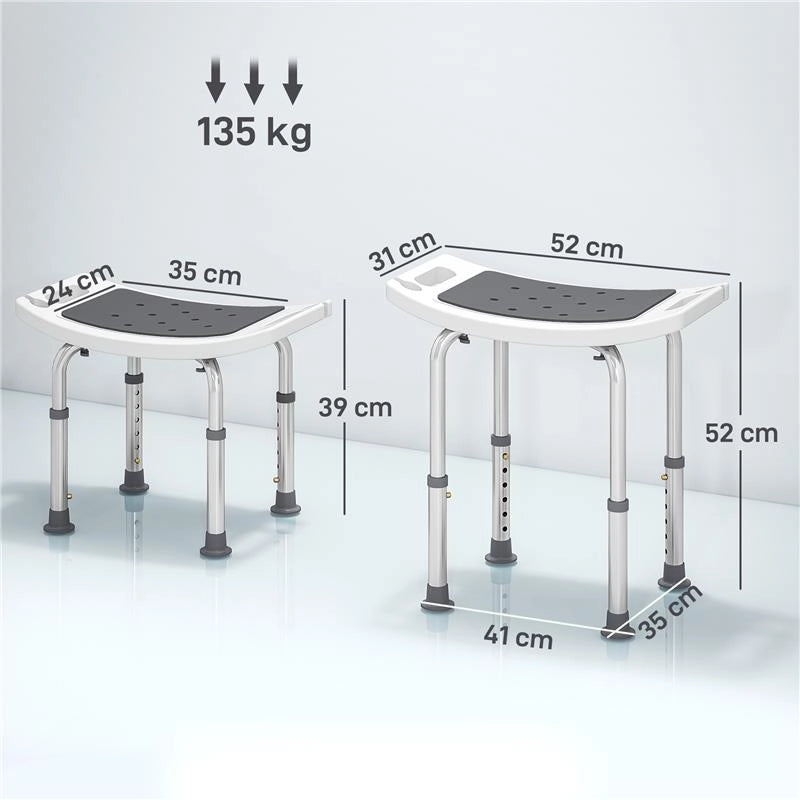 SGABELLO DA DOCCIA IN LEGA DI ALLUMINIO E PLASTICA ANTISCIVOLO, ALTEZZA REGOLABILE 6 LIVELLI 39-52CM, GRIGIO