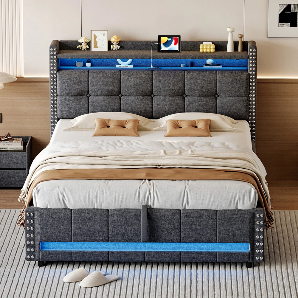 Letto imbottito con cassone - Xylo - 140x200cm - Grigio - Illuminazione LED e presa USB