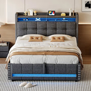 Letto imbottito con cassone - Xylo - 140x200cm - Grigio - Illuminazione LED e presa USB